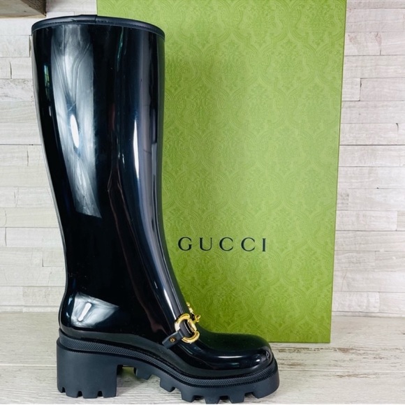 Gucci NWB Size 38 Black Gloss Rubber Insulated Horsebit Knee-High Rain Boot NWT - Picture 9 of 14